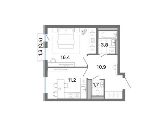 44,4 м², 1-комн. квартира, 4/4 этаж