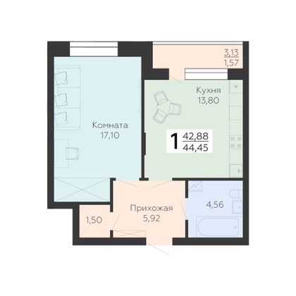 Продажа 1-комнатной квартиры 44,5 м², 2/10 этаж