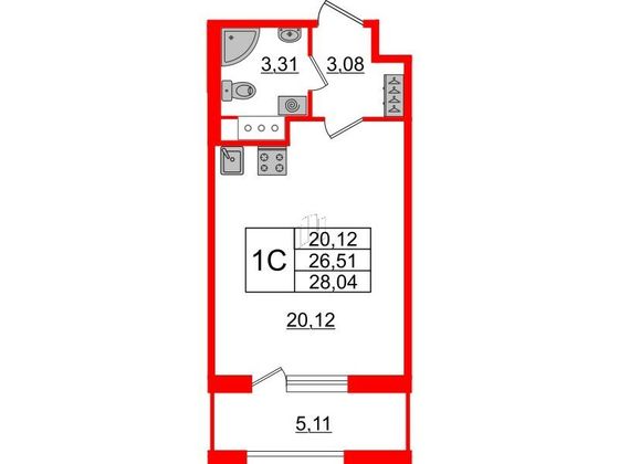 Продажа квартиры-студии 26,5 м², 4/12 этаж