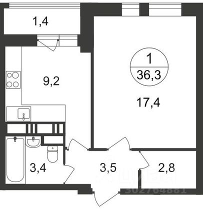 Продажа 1-комнатной квартиры 36,3 м², 14/20 этаж