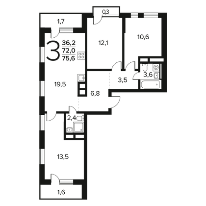 Продажа 3-комнатной квартиры 75,6 м², 6/14 этаж