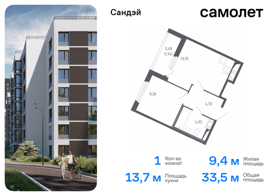 33,5 м², 1-комн. квартира, 2/8 этаж