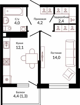 39,3 м², 1-комн. квартира, 8/22 этаж