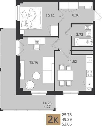 53,7 м², 2-комн. квартира, 13/16 этаж