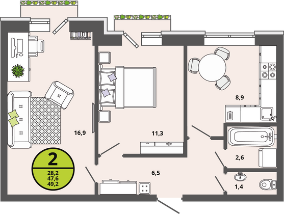 47,6 м², 2-комн. квартира, 2/3 этаж