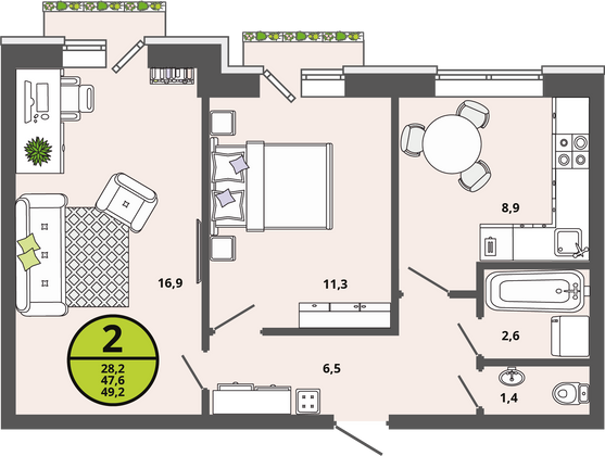 Продажа 2-комнатной квартиры 47,6 м², 2/3 этаж