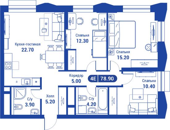 78,9 м², 4-комн. квартира, 18/26 этаж