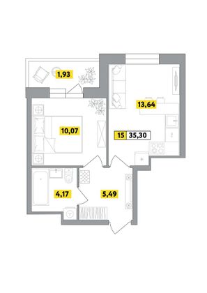 35,3 м², 2-комн. квартира, 6 этаж