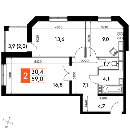 59,1 м², 2-комн. квартира, 13/14 этаж