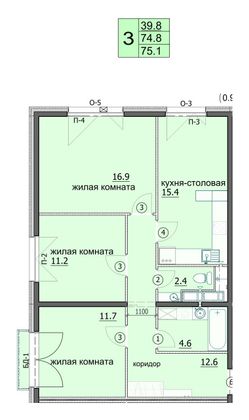 75,1 м², 3-комн. квартира, 16/18 этаж