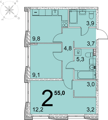 55 м², 2-комн. квартира, 7 этаж