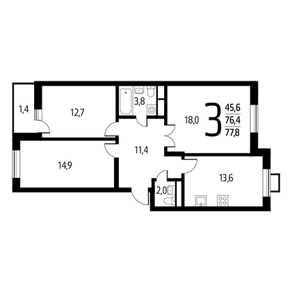 77,8 м², 3-комн. квартира, 4/9 этаж