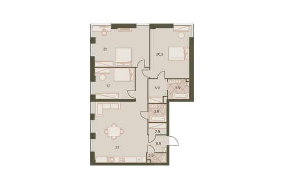 123,6 м², 4-комн. квартира, 37/42 этаж