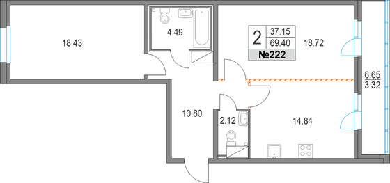 69,4 м², 2-комн. квартира, 4/19 этаж