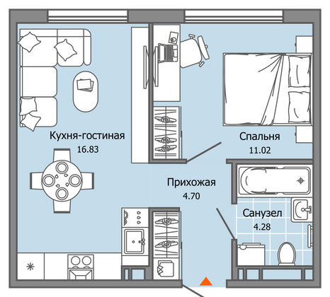 37 м², 2-комн. квартира, 4/7 этаж