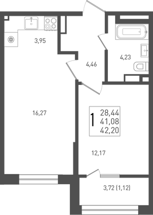 42,2 м², 1-комн. квартира, 9/9 этаж