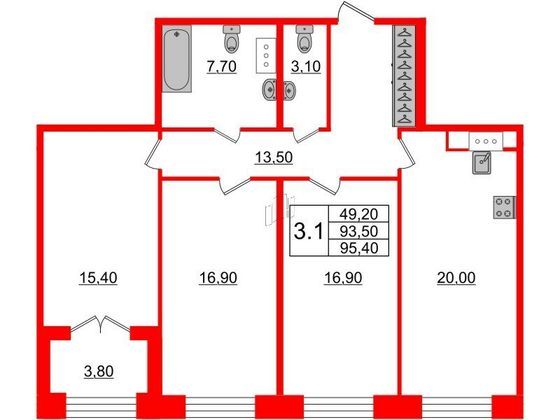 Продажа 3-комнатной квартиры 93,5 м², 6/8 этаж