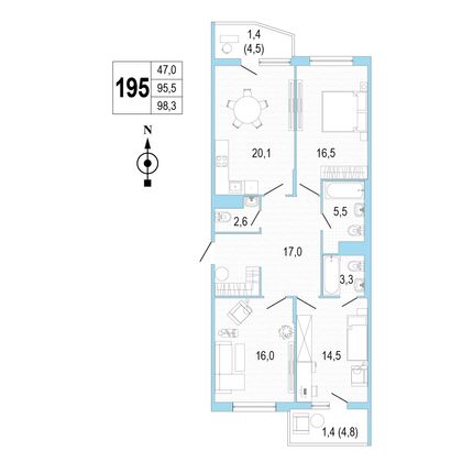 Продажа 3-комнатной квартиры 97,9 м², 6/8 этаж