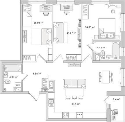 98,7 м², 3-комн. квартира, 1/16 этаж