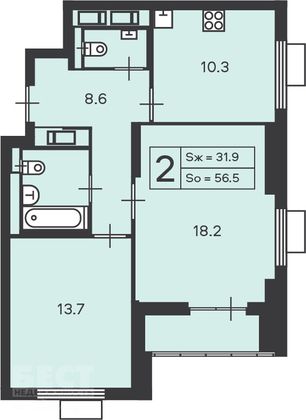 Продажа 2-комнатной квартиры 56,5 м², 20/24 этаж