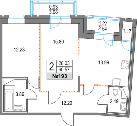 60,6 м², 2-комн. квартира, 12/25 этаж