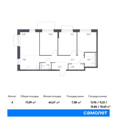 71,1 м², 3-комн. квартира, 9/9 этаж