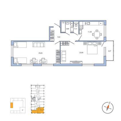 71,9 м², 2-комн. квартира, 2/7 этаж