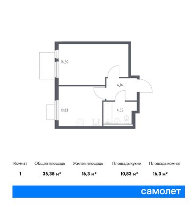 35,4 м², 1-комн. квартира, 16/17 этаж