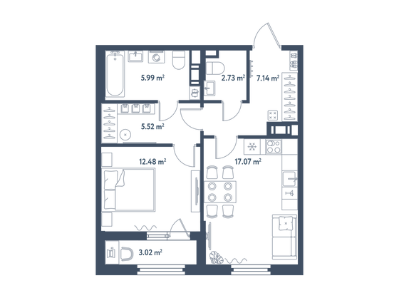 52,4 м², 1-комн. квартира, 9/11 этаж