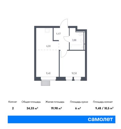 34,3 м², 2-комн. квартира, 2/16 этаж