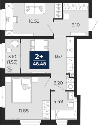 48,5 м², 2-комн. квартира, 10/22 этаж