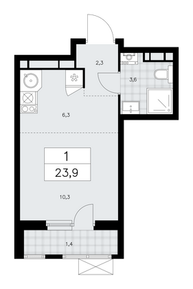 23,9 м², своб. планировка, 12/16 этаж