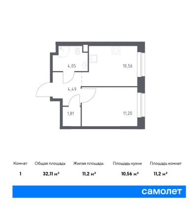 32,1 м², 1-комн. квартира, 20/23 этаж