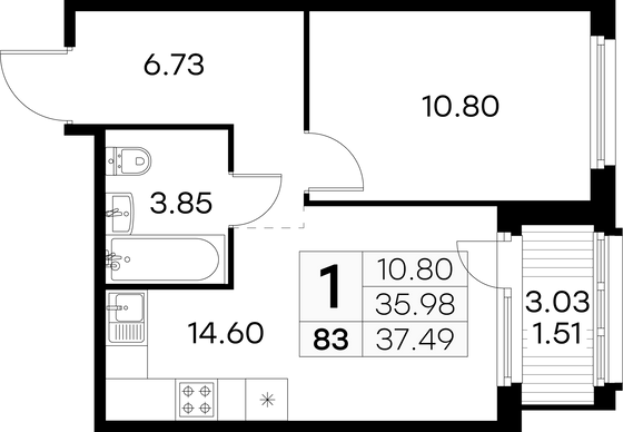 37,5 м², 1-комн. квартира, 9/15 этаж