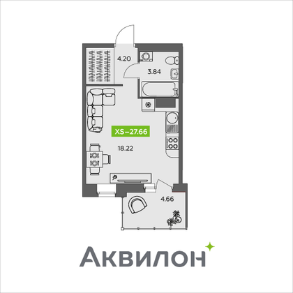 27,7 м², студия, 6/9 этаж