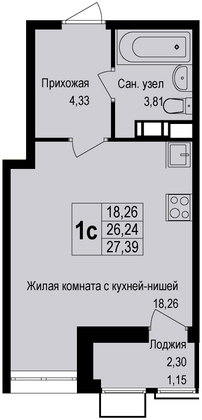 Продажа квартиры-студии 27,4 м², 3/6 этаж