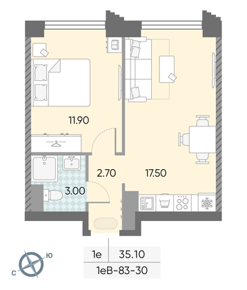 Продажа 1-комнатной квартиры 35,1 м², 30/58 этаж