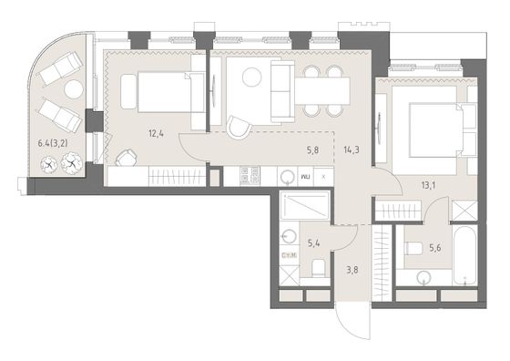 63,6 м², 3-комн. квартира, 2/11 этаж