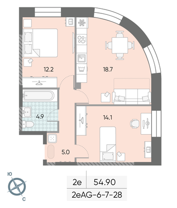 Продажа 2-комнатной квартиры 54,9 м², 23/28 этаж