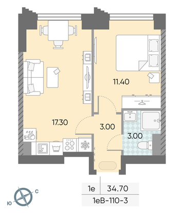 Продажа 1-комнатной квартиры 34,7 м², 3/58 этаж