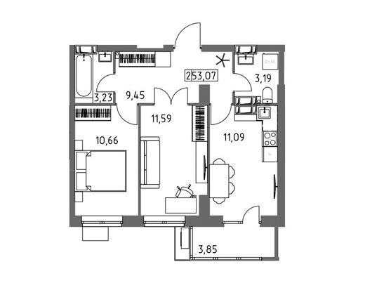 53,1 м², 2-комн. квартира, 13/19 этаж