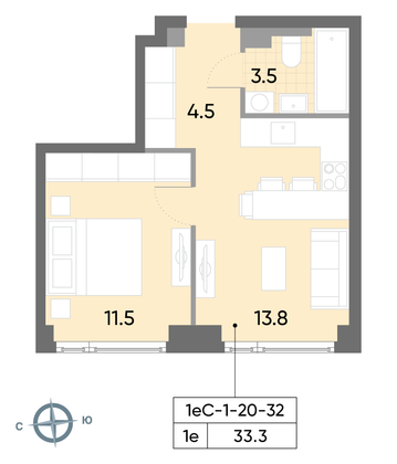Продажа 1-комнатной квартиры 33,3 м², 31/52 этаж