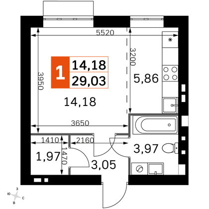 29 м², 1-комн. квартира, 2/4 этаж