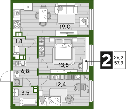 Продажа 2-комнатной квартиры 57,3 м², 5/16 этаж