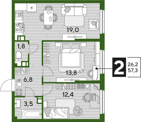 Продажа 2-комнатной квартиры 57,3 м², 7/16 этаж