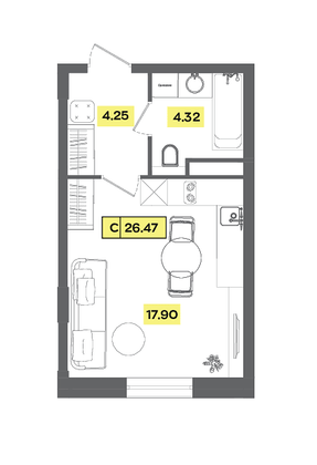 Продажа квартиры-студии 26,5 м², 3 этаж