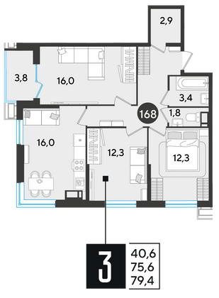 Продажа 3-комнатной квартиры 79,4 м², 12/18 этаж