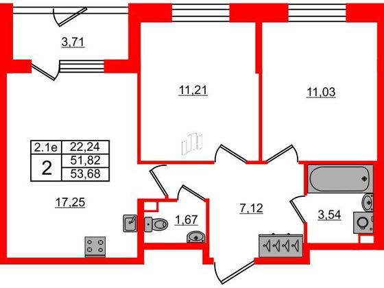 Продажа 2-комнатной квартиры 51,8 м², 1/5 этаж