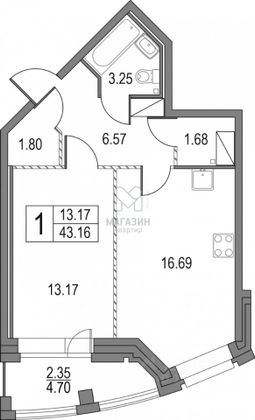 Продажа 1-комнатной квартиры 43,2 м², 9/23 этаж