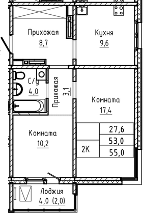 Продажа 2-комнатной квартиры 55 м², 6/17 этаж